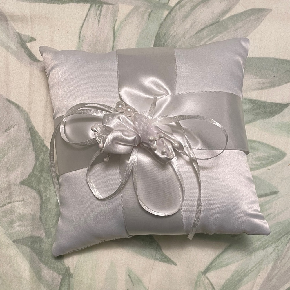 Elegant White Satin Ring Bearer Pillow